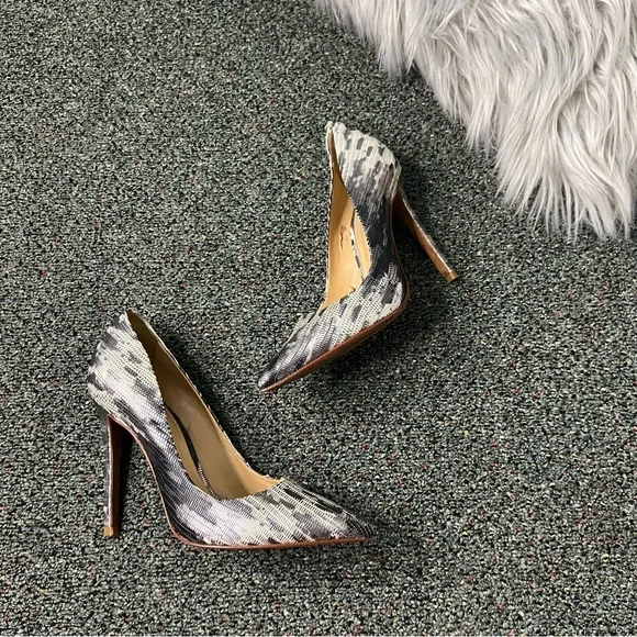 SCHUTZ Grey Black White Metallic Leather Snakeskin Print Pumps Stiletto Heel 6.5 - Picture 5 of 16